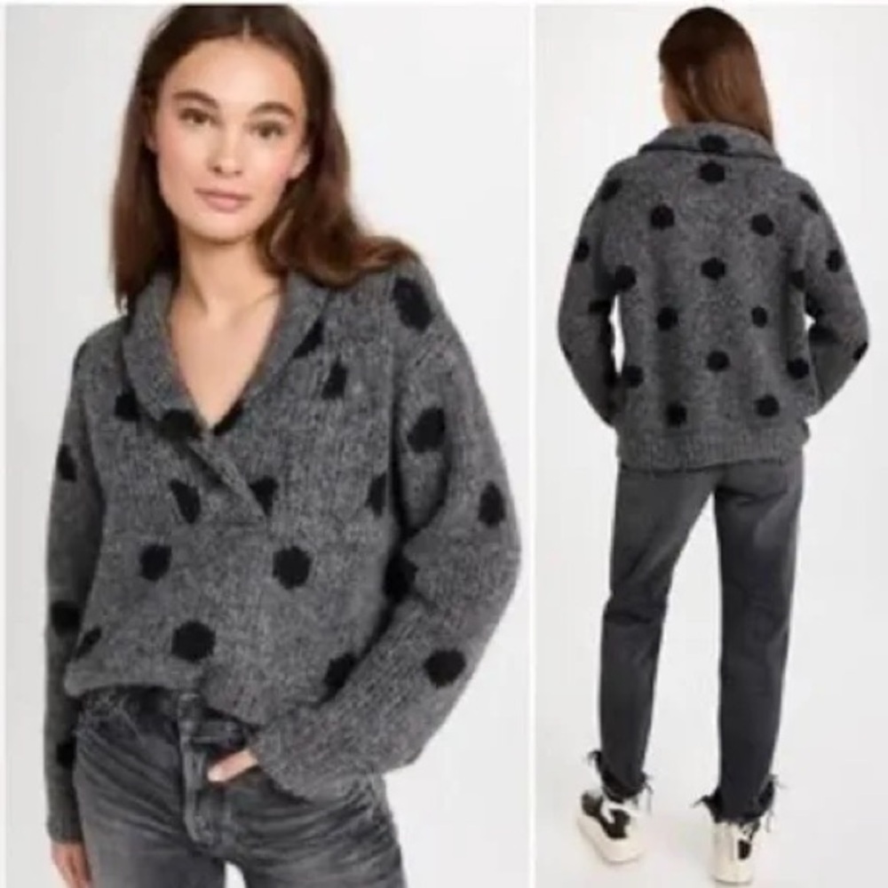THE GREAT. Gray and Black Polka Dot Turtleneck Sweater